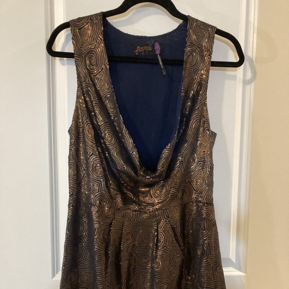 Free People Anthropologie Cowl Scoop Neck Sequin Mini Dress Size 2 - Navy/Bronze
